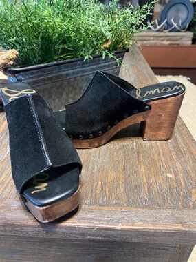 Sam Edelman Black Suede Platform Clog Mules with Wood-Effect Heel